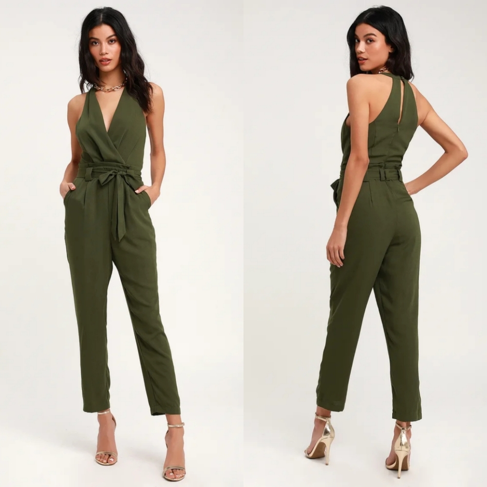 Lulus In the City Olive Green Surplice Sleeveless Jumpsuit Size XL